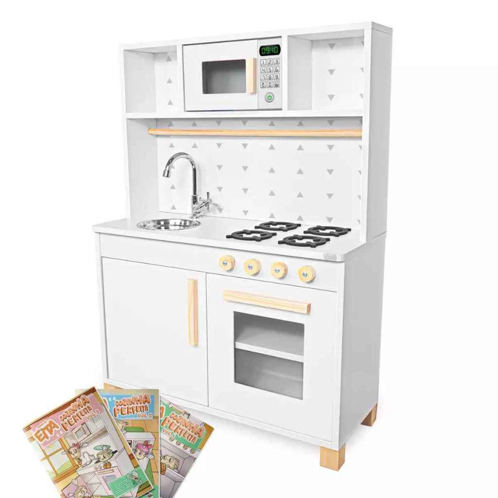 Kit Educativo Cozinha Infantil com Pia Fogão e Microondas - Branco