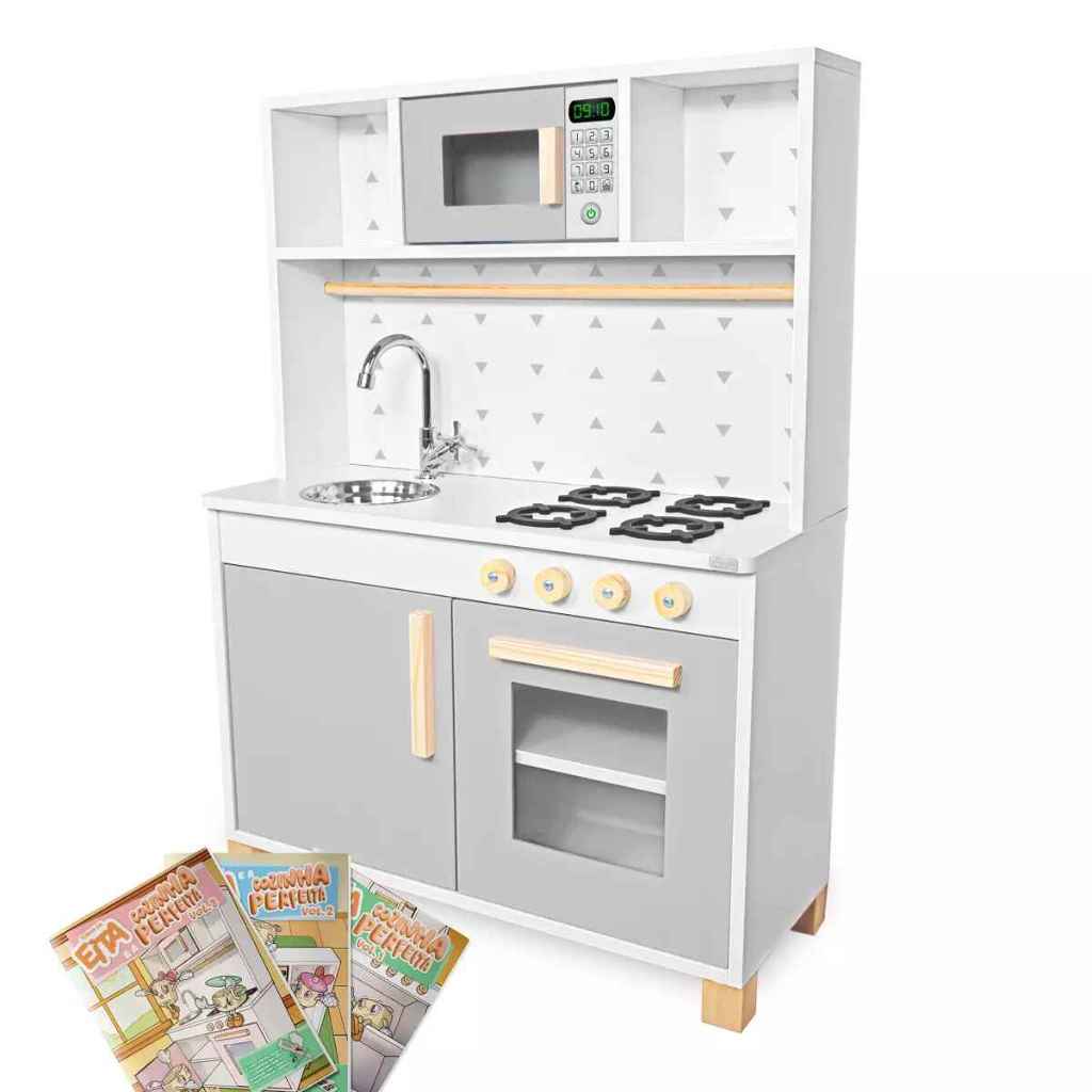 Kit Educativo Cozinha Infantil com Pia Fogão e Microondas - Cinza