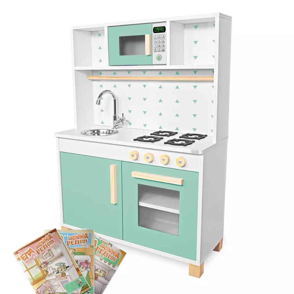 Kit Educativo Cozinha Infantil com Pia Fogão e Microondas - Verde Claro