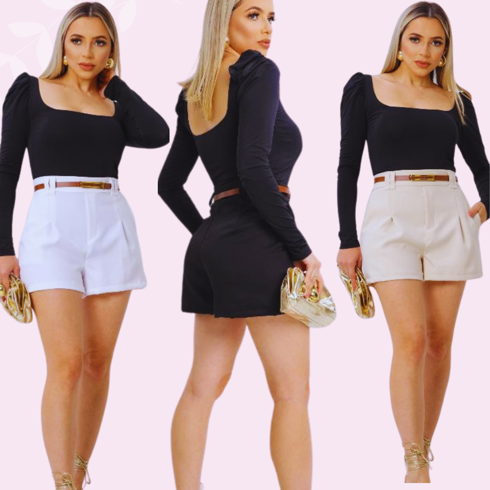 Shorts Alfaiataria Feminino Cintura Alta com Cinto e Bolsos Elegante em Oferta na Shopee