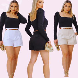 Shorts Alfaiataria Feminino Cintura Alta com Cinto e Bolsos Elegante em Oferta na Shopee