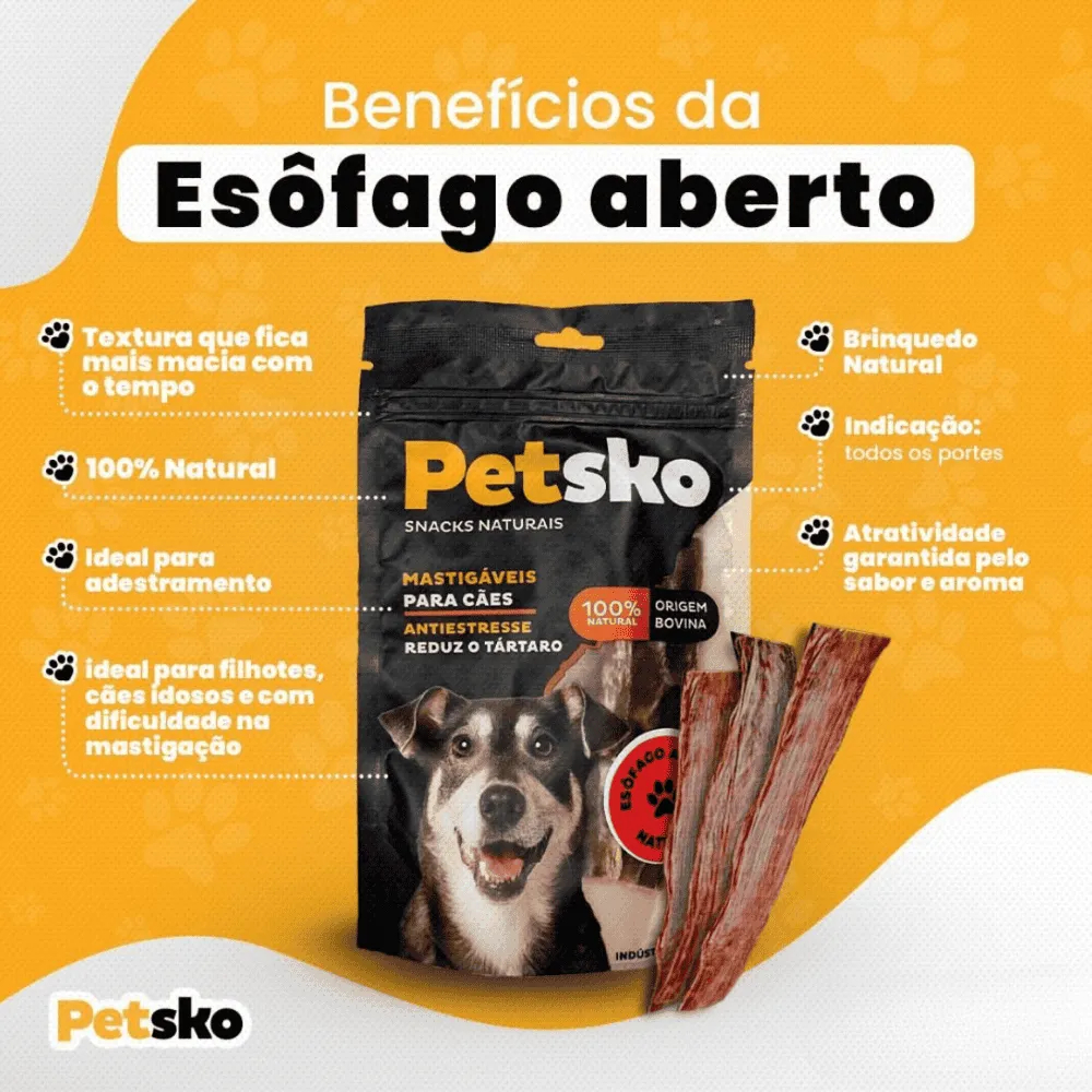 Petisco PetSko Esôfago Desidratado Bovino Natural Aberto 5 UND