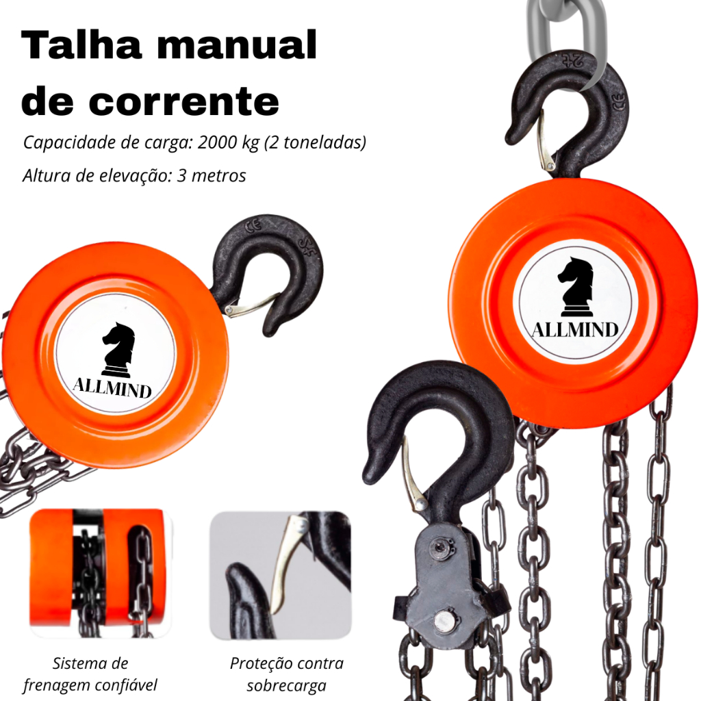 Talha Manual 2 Toneladas - 3 Metros Linha Mecânica Profissional