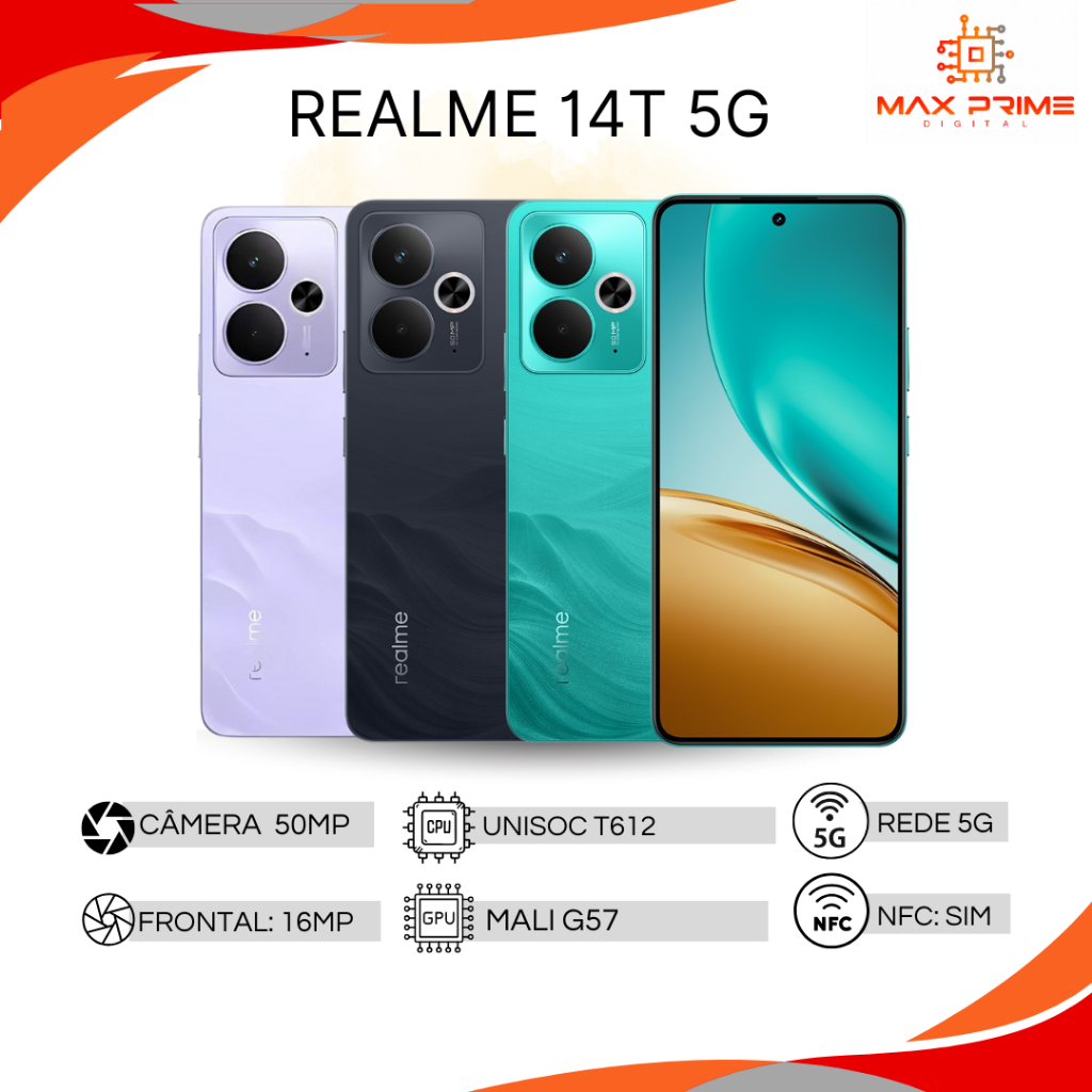 Realme 14T 5G Armazenamento de 256GB e 8GB RAM, Bateria 6000mAh, Versão Global, Câmera 50MP, Processador Dimensity 6300 em Oferta na Shopee