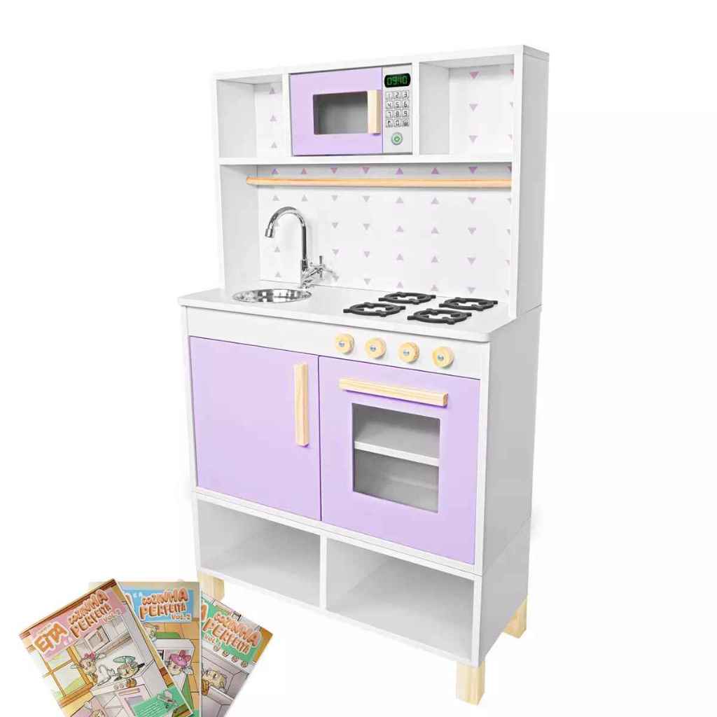 Cozinha Infantil Pia Fogão Microondas Madeira Lilás Brinquedo Faz de Conta Chef Pedagógico Criança Kit Livro Educativo