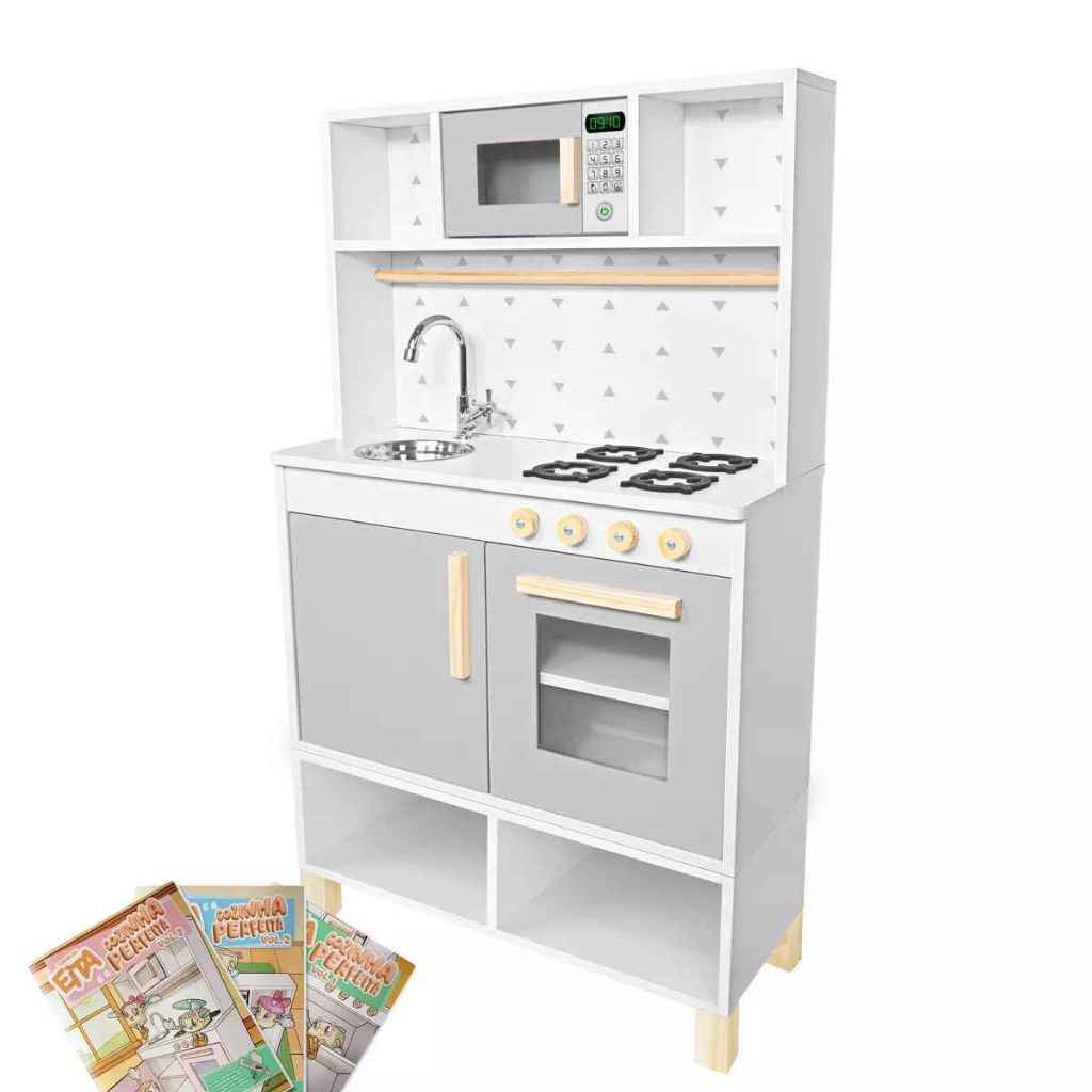 Cozinha Infantil Pia Fogão Microondas Madeira Cinza Brinquedo Faz de Conta Chef Pedagógico Criança Kit Livro Educativo