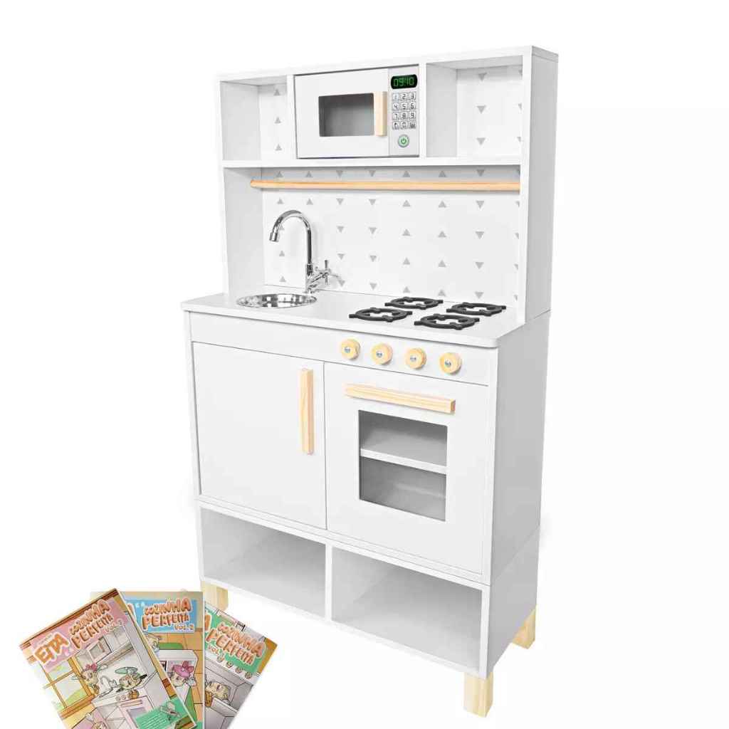 Cozinha Infantil Pia Fogão Microondas Madeira Branco Faz de Conta Chef Brinquedo Pedagógico Criança Kit Livro Educativo