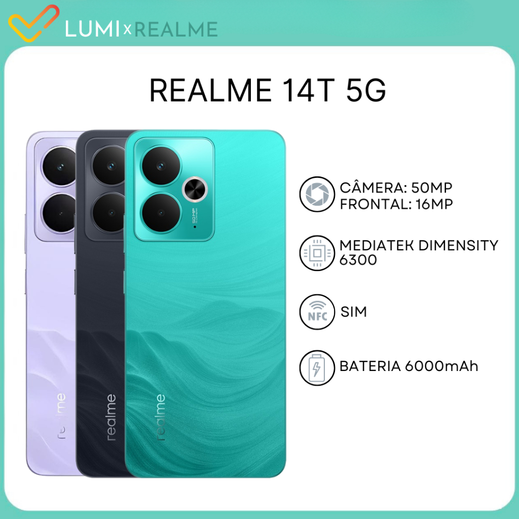 Realme 14T 5G, Versão Global, Câmera 50MP, Bateria 6000mAh, Dimensity 6300, Resistente à água, 256GB/8GB RAM
