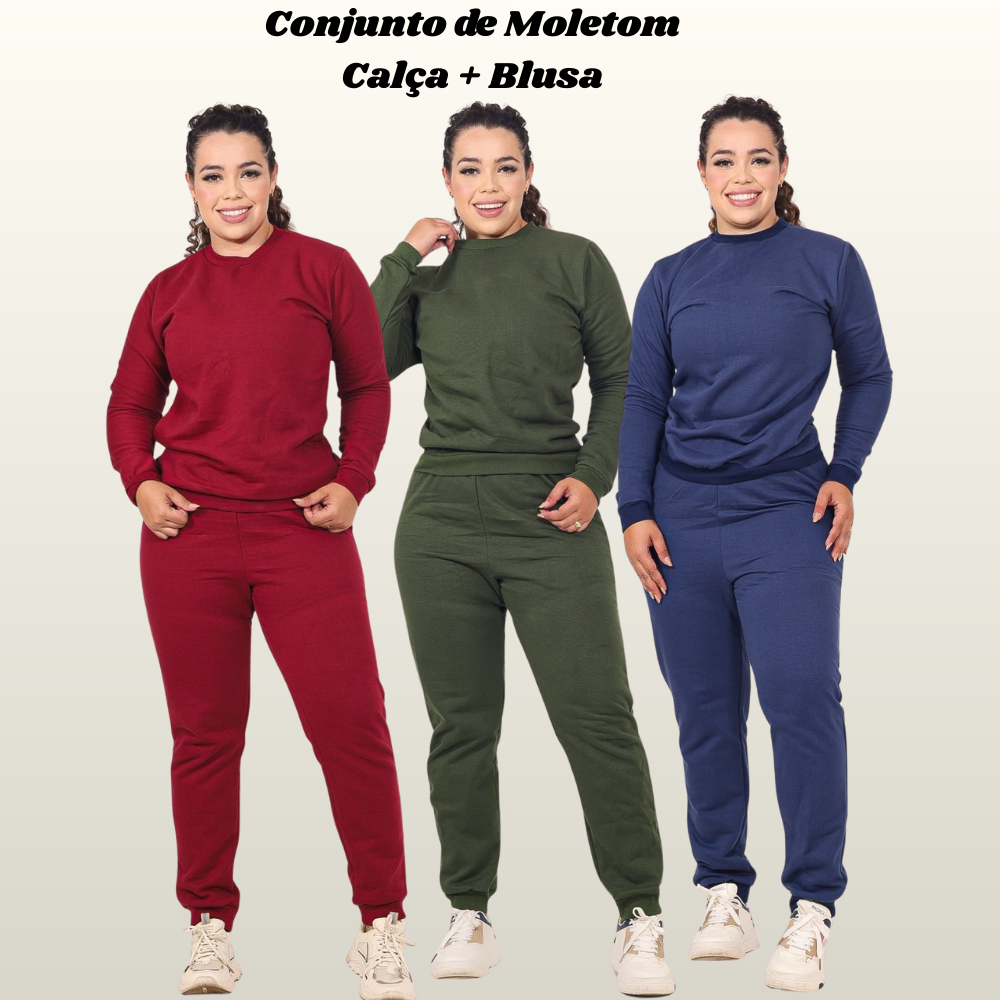 Conjunto de Moletom Feminino Liso Calça de Frio + Blusa de Frio Tecido  Franelado Confortavel