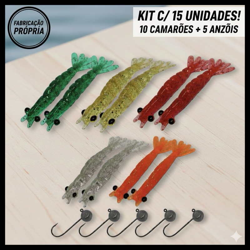 kit Camarão Artificial - 10 Camarões + 5 Jig Head. 15 unidades. em Oferta na Shopee