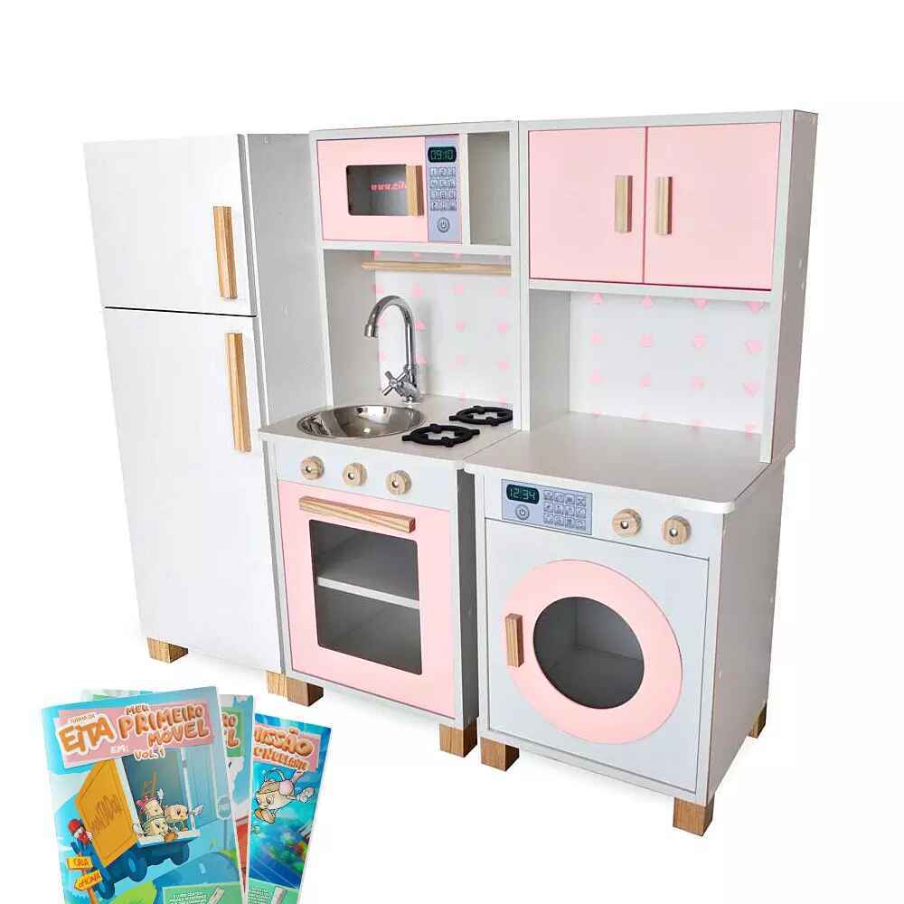 Kit Educativo Mini Cozinha Infantil com Geladeira e Máquina de Lavar
