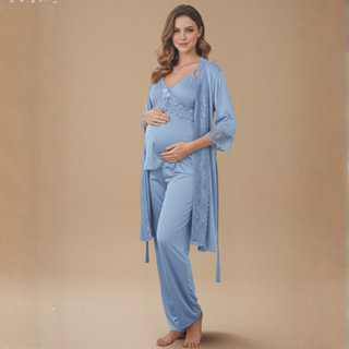 KIT Pijama Amamentação BabyDoll com CALÇA Longa e Blusa Com Click + ROBE em Renda em Oferta na Shopee