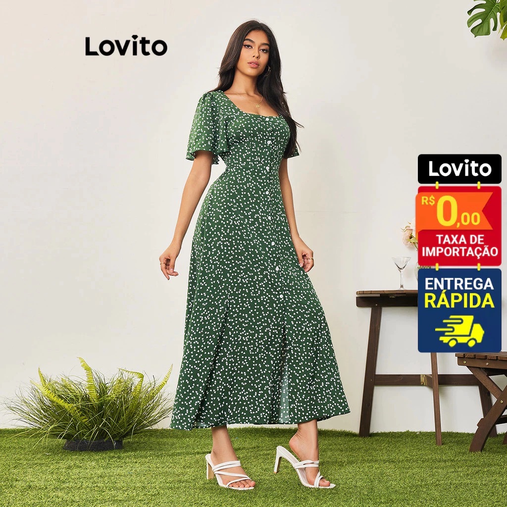 Lovito Vestido Feminino Midi Estampado com Botões Frontais e Estampa Bolinhas DRB16961726 em Oferta na Shopee