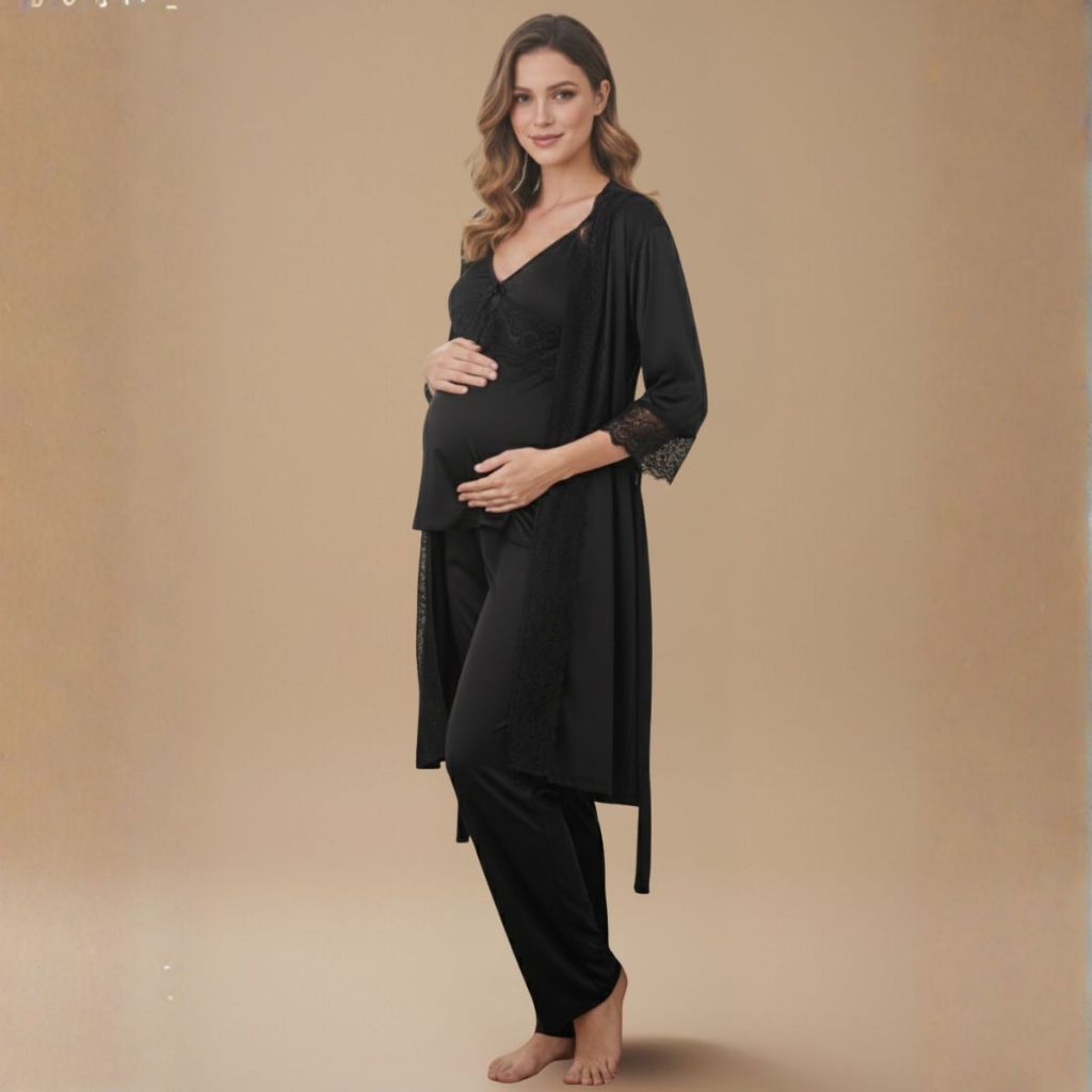 KIT Pijama Amamentação BabyDoll com CALÇA Longa e Blusa Com Click + ROBE em Renda em Oferta na Shopee