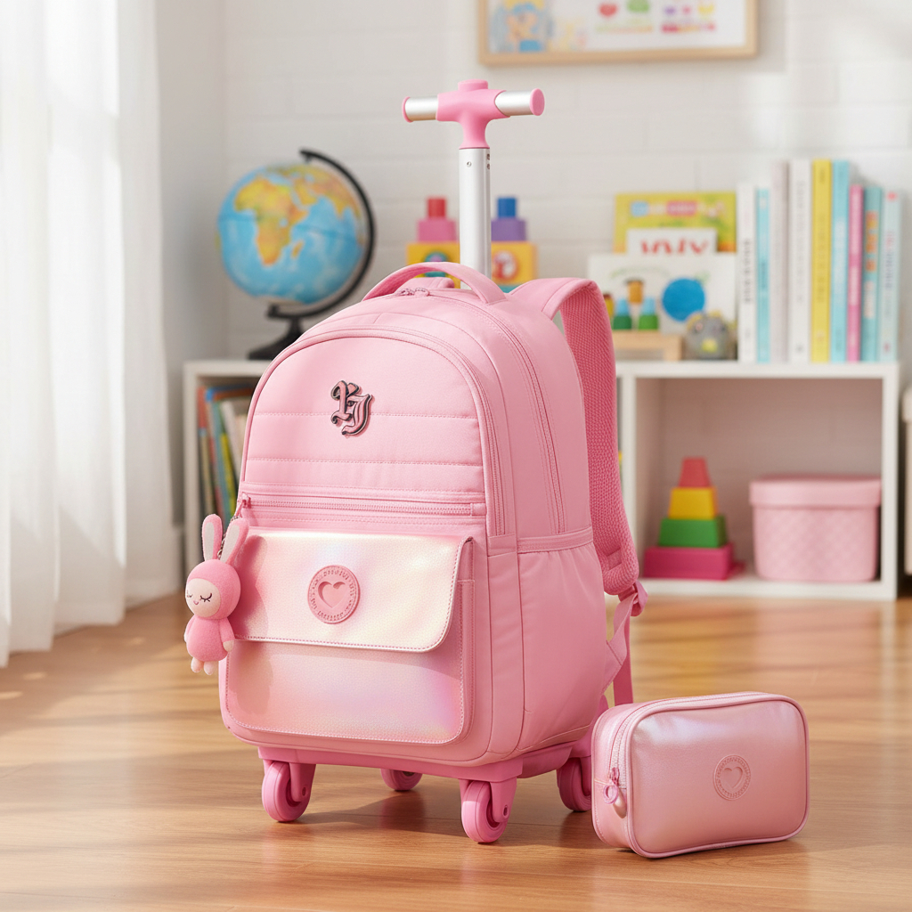 Kit Mochila 4 Rodinhas 360 Estojo Grande Menina Escolar Espaçosa Chaveira Pelúcia Labubu Rosa Azul Lilás