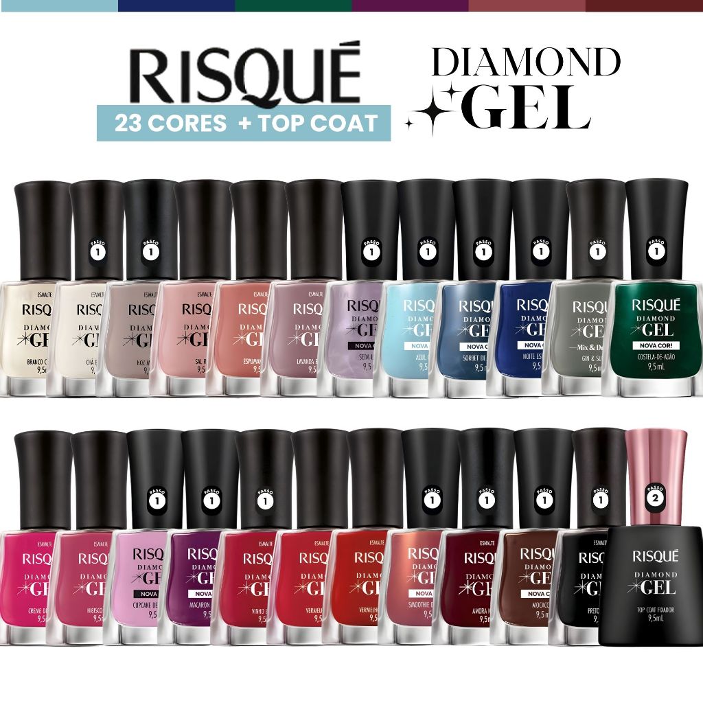 Kit 23 Esmaltes Risqué Diamond Gel + Top Coat Fixador Tons Favoritos Esmalte Atacado Cremoso