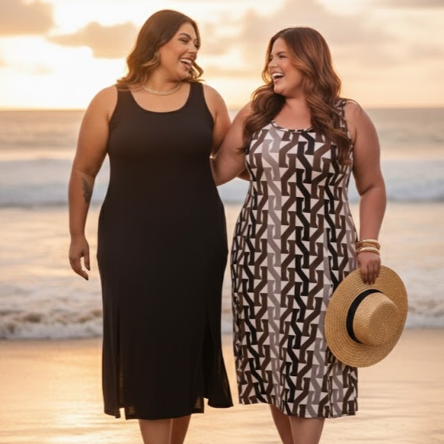 Vestido Feminino Regata Midi Fendas Frontais Plus Size Estiloso mid size verão curve em Oferta na Shopee