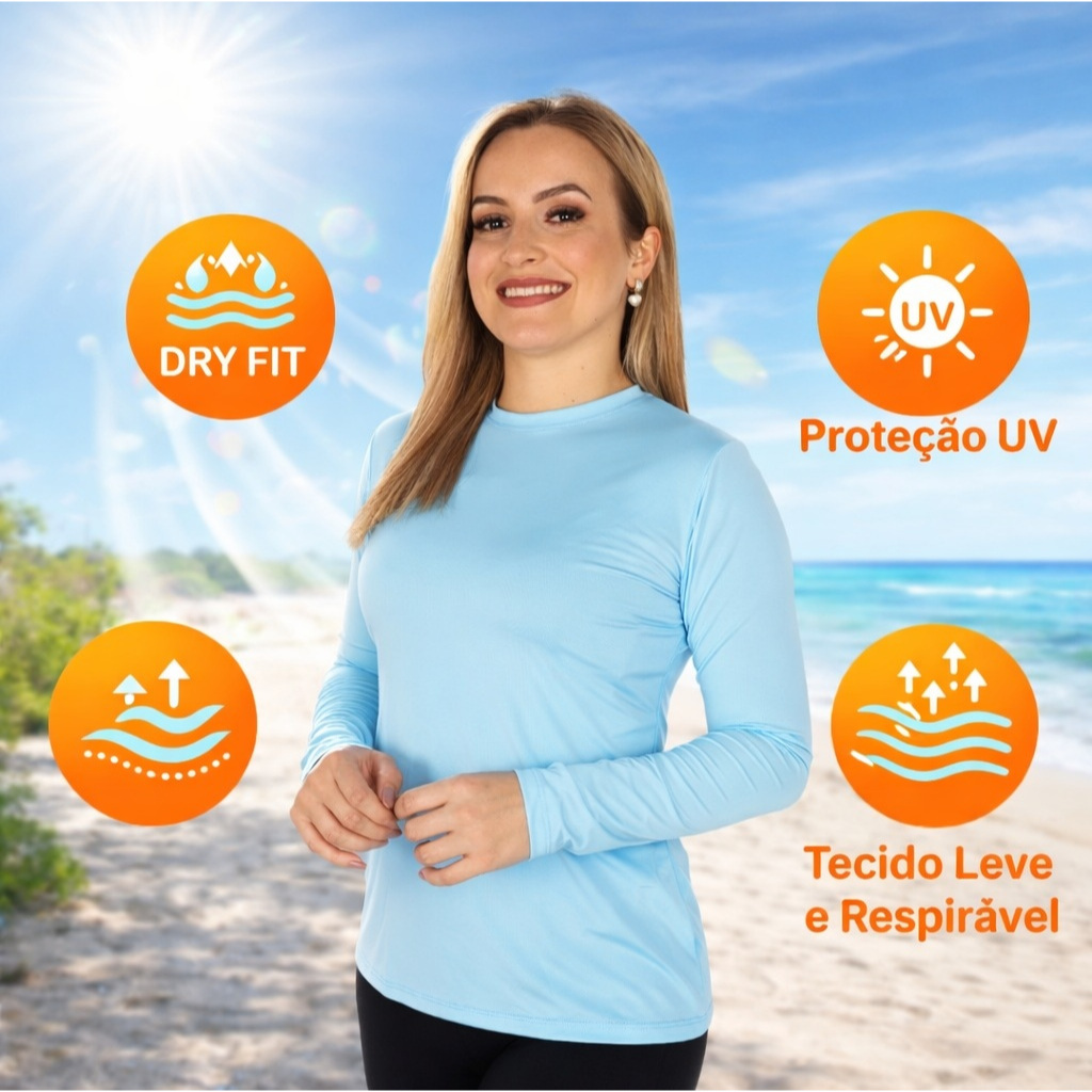 Camiseta Feminina UV50+ Proteção Solar Manga Longa Dry Fit Praia Elegante Fitness Academia em Oferta na Shopee