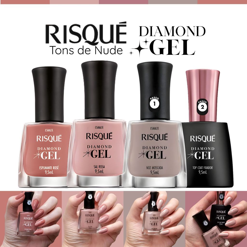 Kit 4 Esmaltes Risqué Diamond Gel Top Coat Fixador Tons Nude Rosado Esmalte Atacado Cremoso
