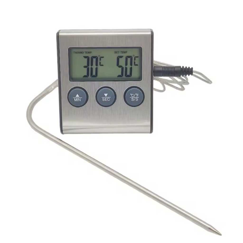 Termômetro Digital Timer Sonda Inox Forno Líquidos Churrasco Cinza