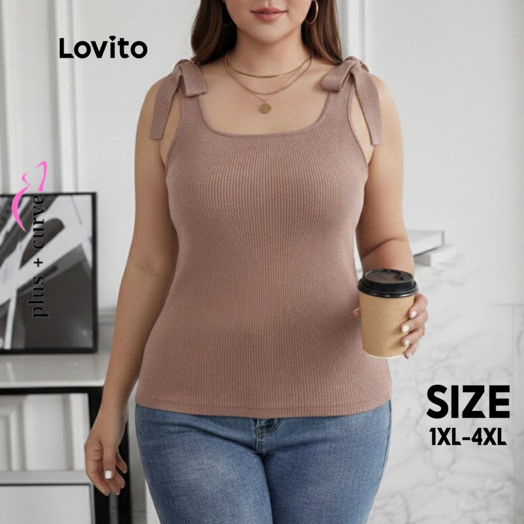 Lovito Regata Plus Size Feminino com Laço Alça LB1036BRL1066 em Oferta na Shopee