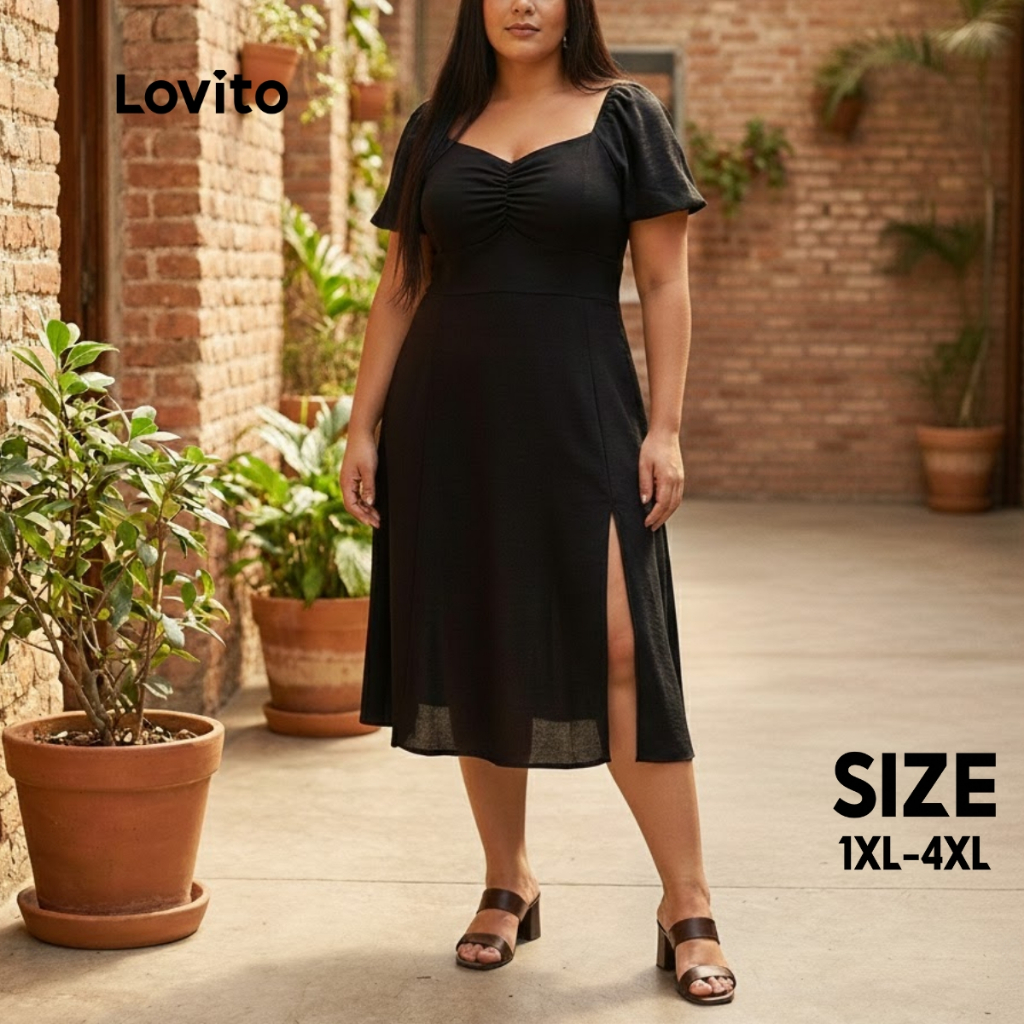 Lovito Vestido Feminino Plus Size Manga Curta Liso LB476BRL506 em Oferta na Shopee