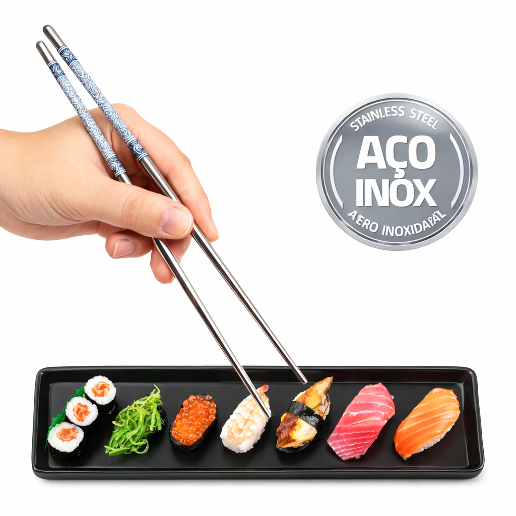 Hashi Japonês Aço Inox Durável Reutilizável Palitinho Oriental Resistente para Sushi Comida Oriental | Kit 5-10 Pares