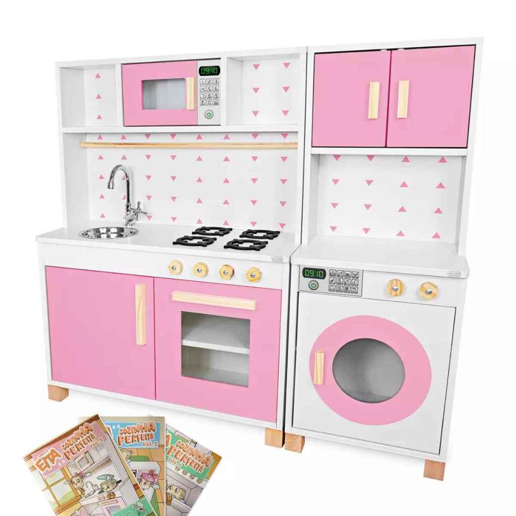 Cozinha Infantil Máquina de Lavar Madeira Rosa Brinquedo Kit Educativo em Oferta na Shopee