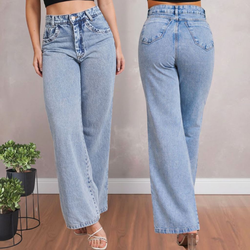 Calça Jeans Feminina Wide leg Gringa Pantalona Cintura Alta perna larga Blogueira Envio Imediato em Oferta na Shopee