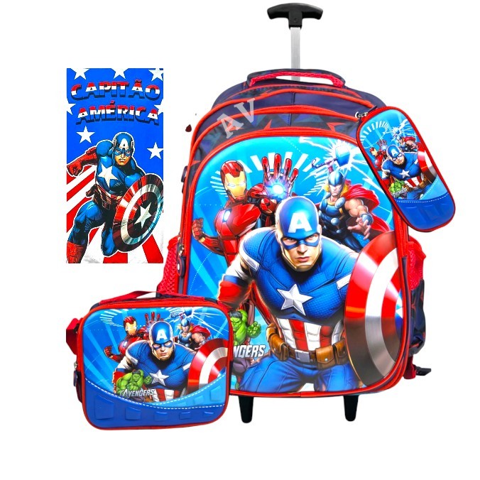 🛡️🎒 Kit  Mochila com Rodinha Infantil Capitão América 3D: Mochila + Lancheira + Estojo + tolha em Oferta na Shopee
