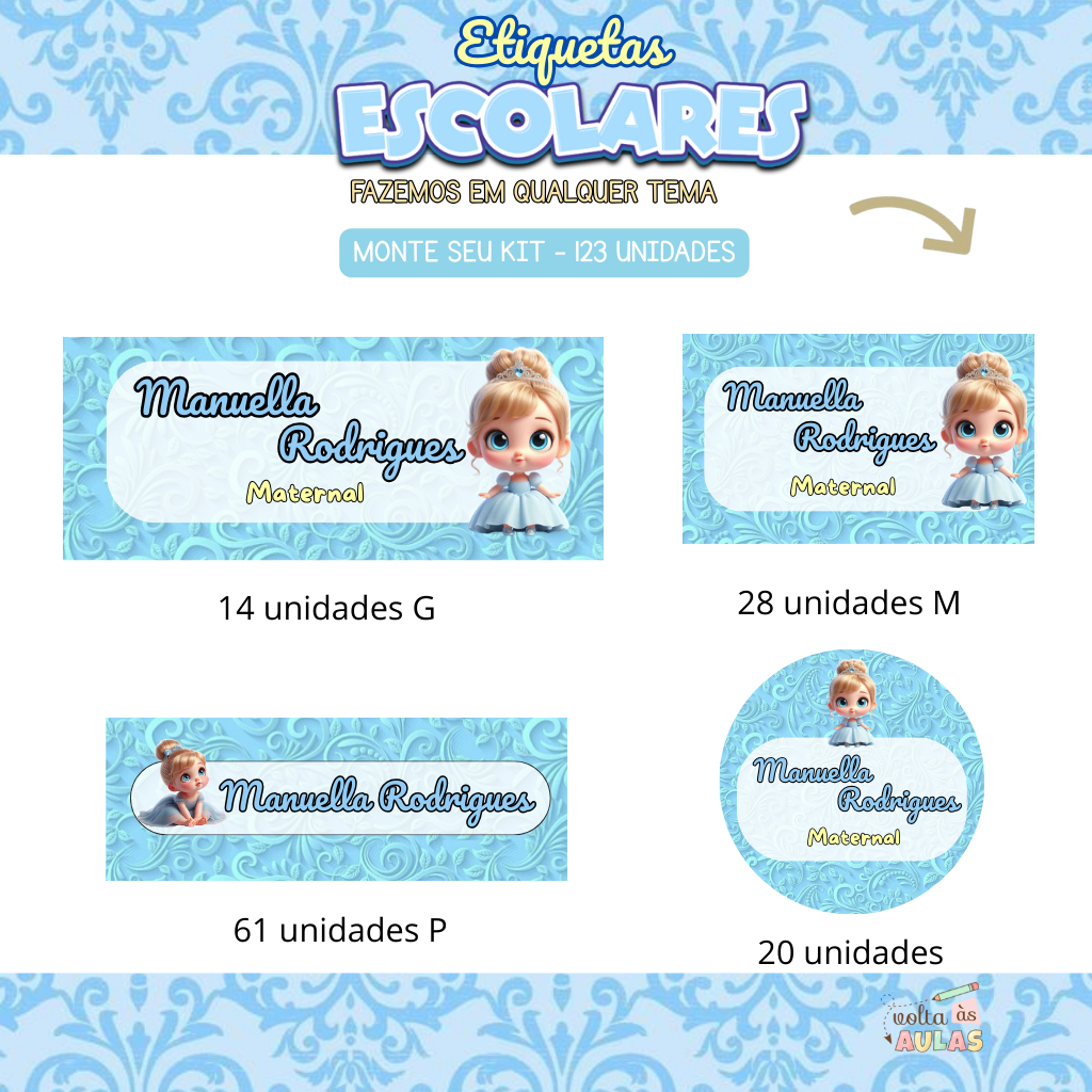 Kit 123 Etiquetas Escolares Personalizadas - Tema Cinderela Baby Princesas Disney Adesivo a Prova D'água Maternal