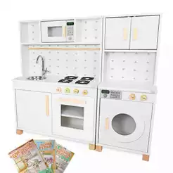 Cozinha Infantil Máquina de Lavar Madeira Montessori Kit Livro Educativo