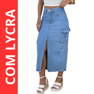 Saia Jeans Feminina Longa Midi Cintura Alta Evangélica em Oferta na Shopee