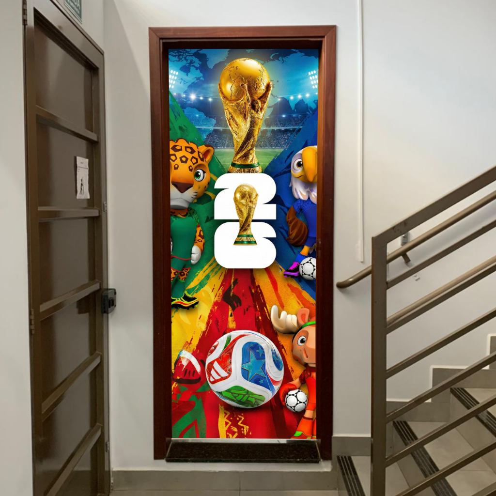 Capa De Porta Mascotes 2026 E Canarinho Brasil Decoração Torcida Copa 85x210 C/ Elástico Lavável