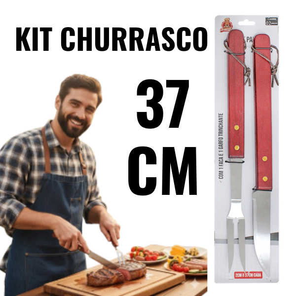 KIT CHURRASCO COM FACA + GARFO DE 37CM TRINCHANTE DE INOX CABO MADEIRA 37CM