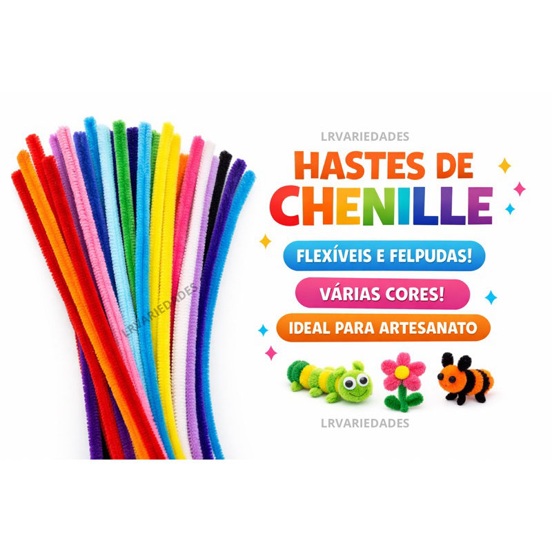Haste de chenille colorida 30 cm 100 unidades Para artesanato Limpador de Cachimbo em Oferta na Shopee