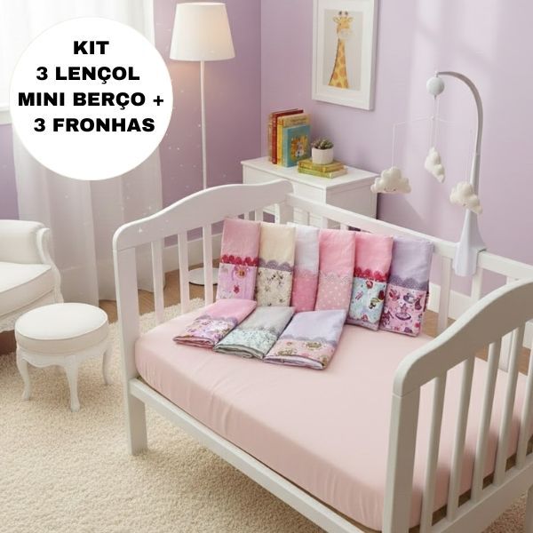 Jogo com 03 Lençol + 03 Fronhas Para MINI BERÇO de Bebê Percal 400 fios Super macio