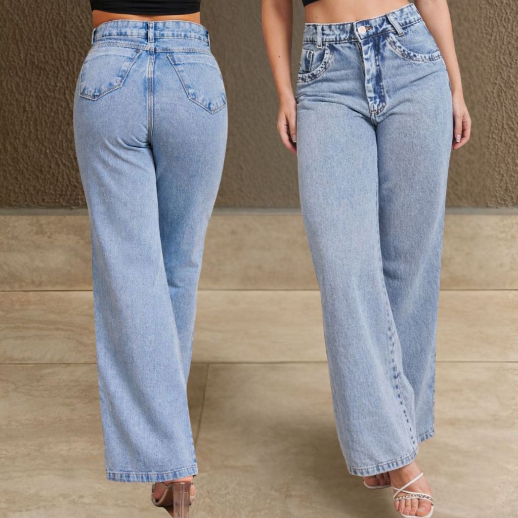 Calça Wide Leg Pantalona Jeans Feminina Cintura Alta  Levanta Bumbum Marmorizada cos alto premium