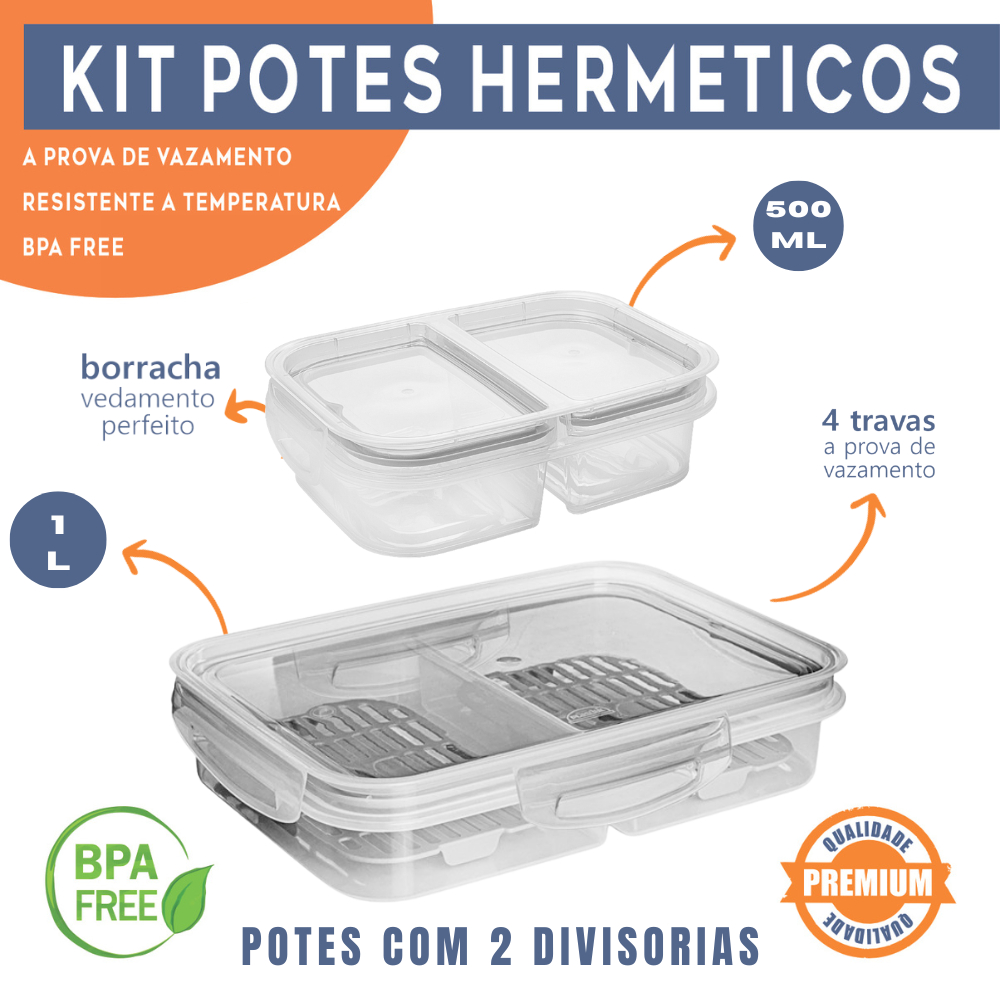 Kit 2 Potes Hermético Porta Frios 500ml + 1 Litro 2 Divisorias Cesto Escorredor Vegetais Alimentos