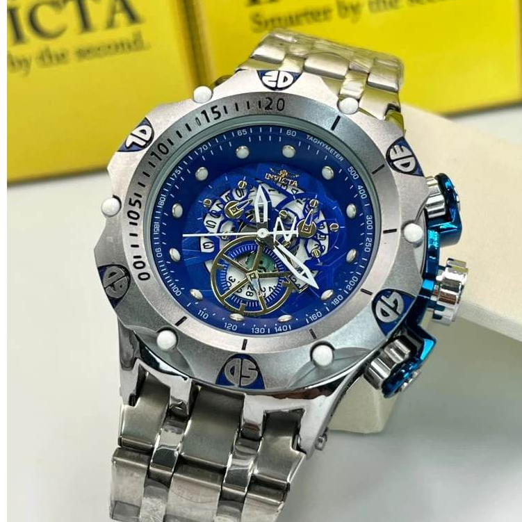 Relógio Invicta Masculino Hybrid Prateado e Dourado Banhado á Ouro 18K Aço Inoxidável Grande Robusto Catraca Giratoria