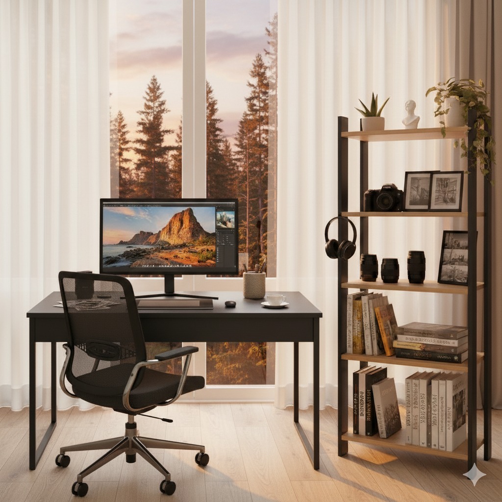 Conjunto Mesa Industrial para Computador + Estante Organizadora com 5 Prateleiras -