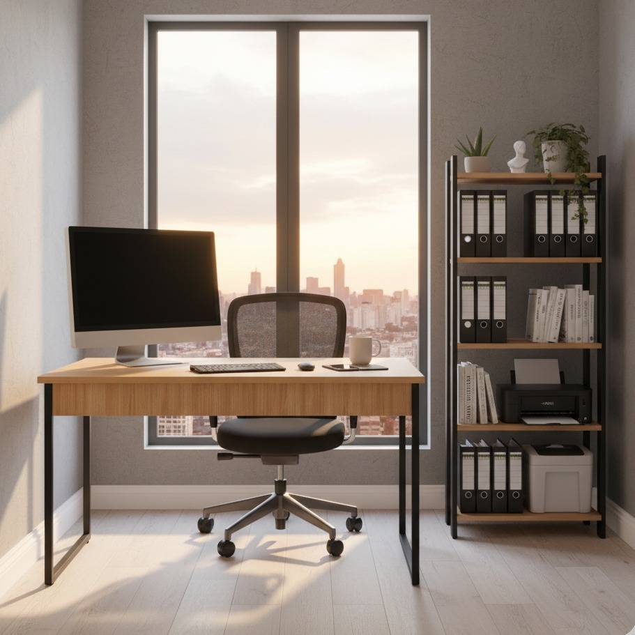 Conjunto Mesa de Computador + Estante com 5 Prateleiras Funcionais - Estilo Industrial
