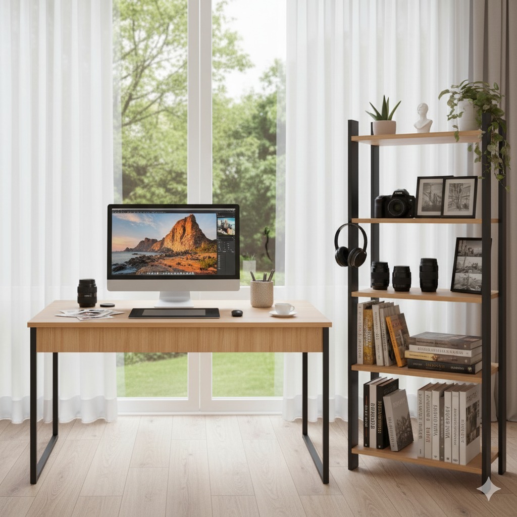 QUEIMA DE ESTOQUE - Conjunto Mesa Industrial  para Computador + Estante com 5 Prateleiras Multiuso
