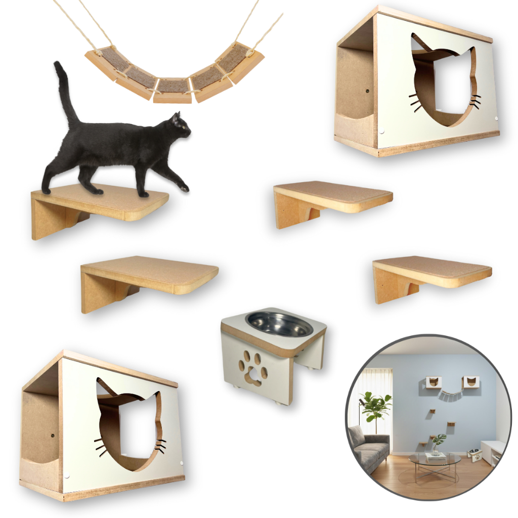 Kit Playground para Gato com Comedouro 8peças Premium Alta Qualidade Frente Rostinho de Gato