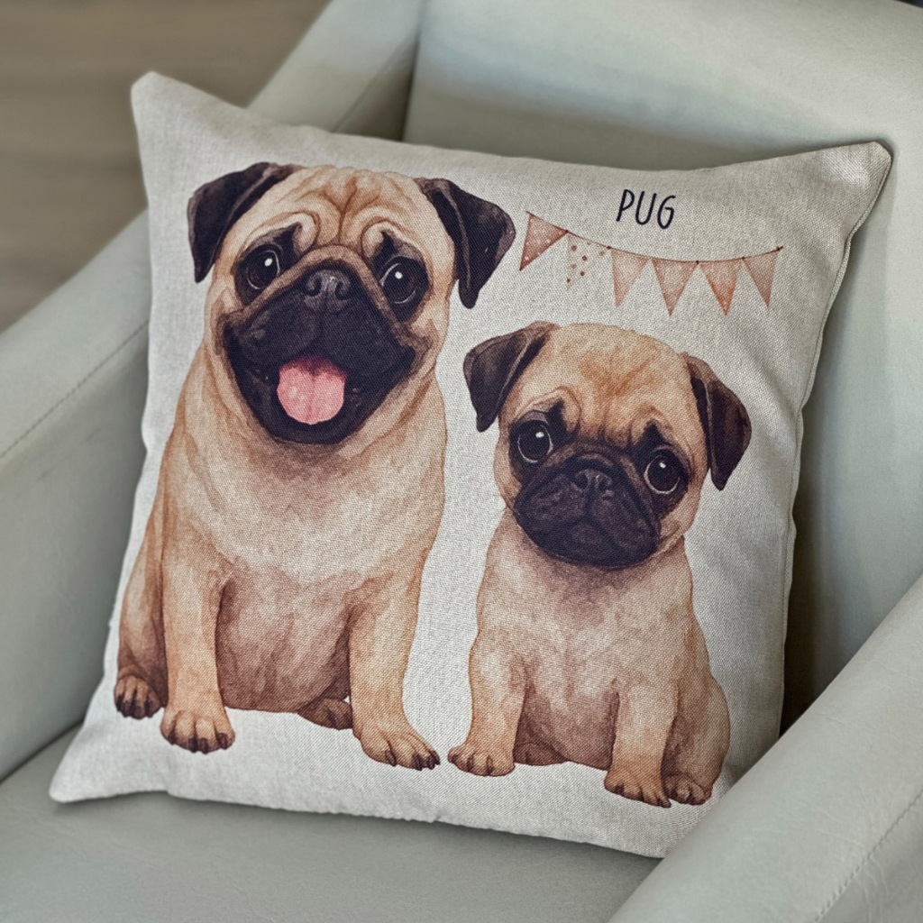 Almofada Em Linho Estampada Cachorro Pet Dog Pug Bege 43x43
