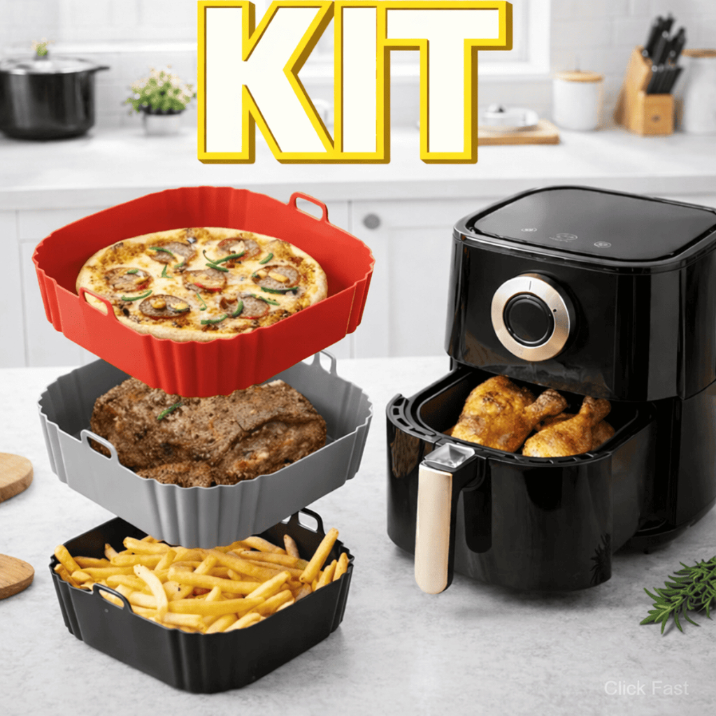 Imagem Kit 1 2 3 Forma Silicone Air Fryer Quadrada Grande Assadeira Forno Fritadeira Elétrica Reutilizável