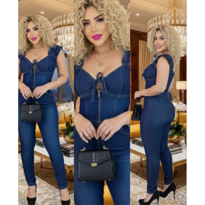 Macacão Jeans Feminino Longo Com Laycra Macaquinhos Femininos Jardineira Jeans Moda Blogueira 38 ao 46