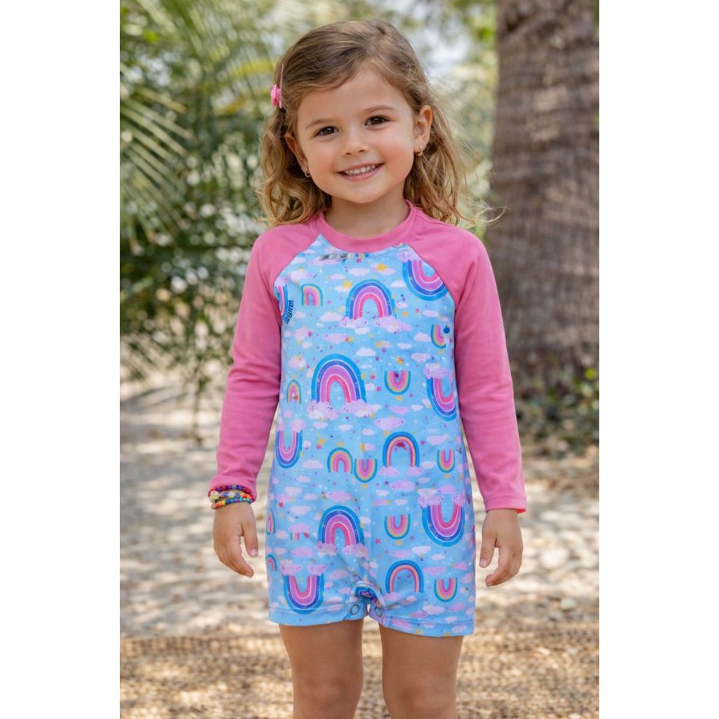 Macacão Infantil Maio Manga Longa Fecho de Pressão em Baixo Proteção UV  Moda Praia Infantil