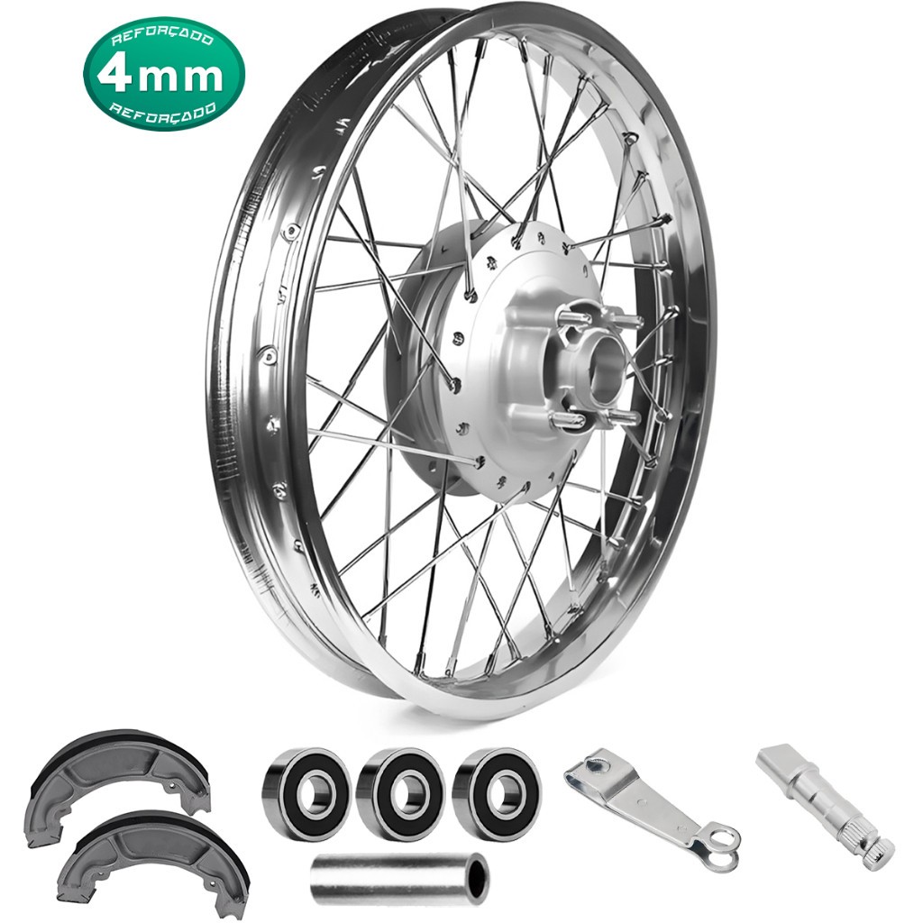 Roda Traseira Raio 4mm Fan 125 2009 Até 2022 Com Rolamentos+Espaçador+Lona+Braço e Eixo de Freio