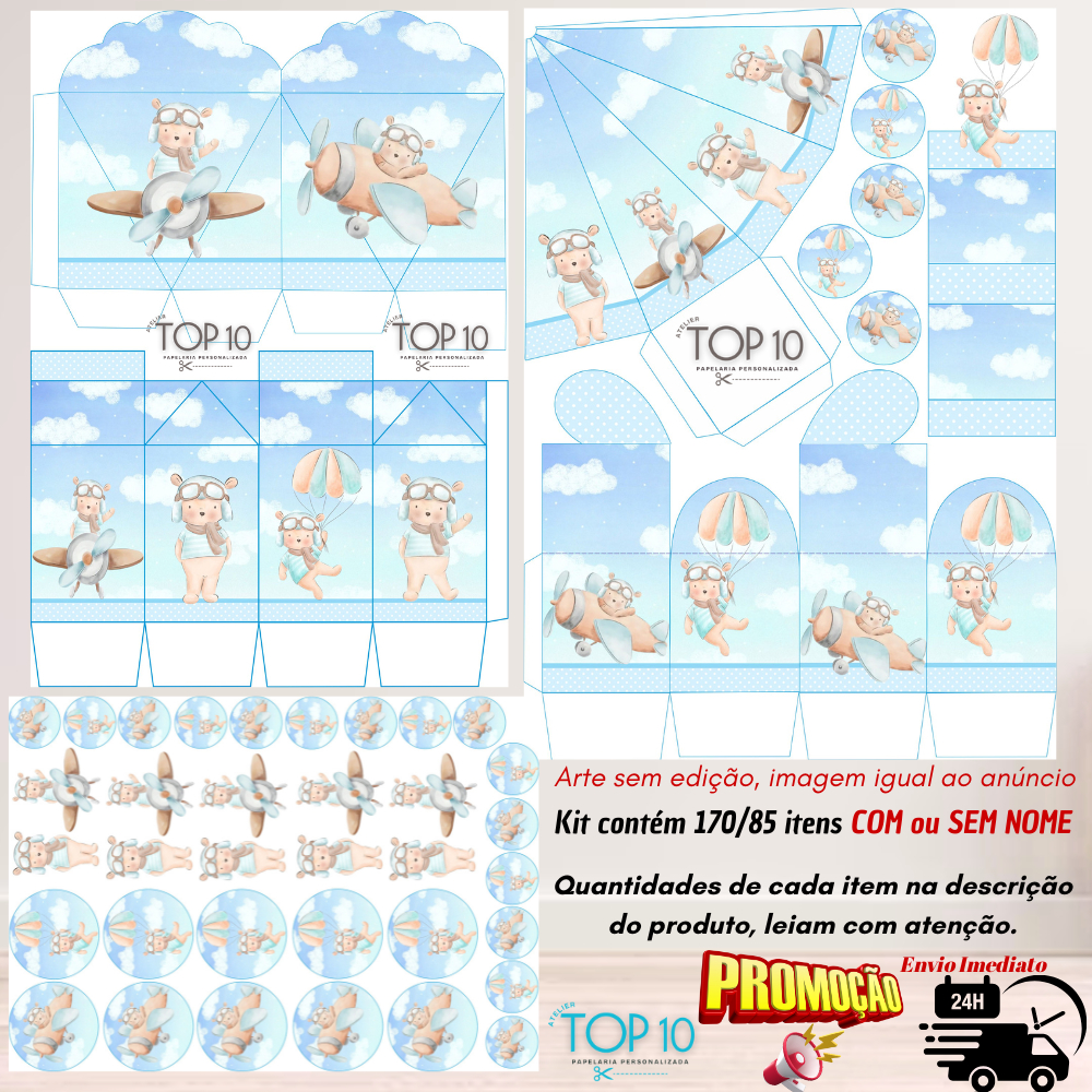 Kit de Lembrancinhas Personalizadas com 170/85 itens TEMA: URSINHO AVIADOR - Envio rápido em Oferta na Shopee